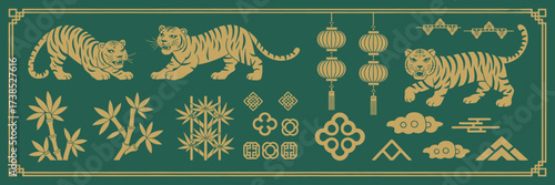 Golden tigers and bamboo with traditional chinese lanterns on a green background for chinese new year celebrations and lunar new year designs and decorations