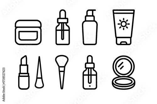Beauty Icon Set. Outline icon set of clean beauty products: moisturizer jar, serum bottle, facial cleanser, sunscreen tube, lipstick, makeup brush, essential