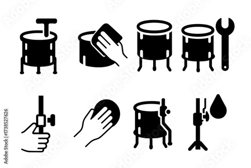 Drum Maintenance Icons. Solid, filled icon set of floor tom maintenance: tuning, cleaning, head replacement, lug tightening, leg adjustment, shell polishing,