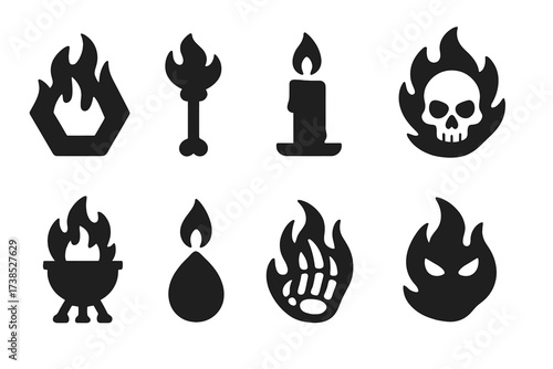 Cursed Flames Icon Set. Solid, filled icon set of cursed flames: hex fire, skeletal torch, haunted candle, fire skull, infernal brazier, dark ember, flame