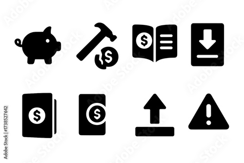 Savings Icon Set. Solid, filled icon set of savings withdrawal: piggy bank, hammer breaking piggy, savings ledger, withdrawal form, savings passbook, money out