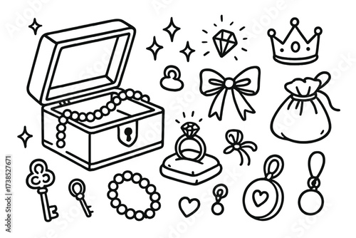 Elegant Jewelry Box. Hand-drawn doodle illustration elegant jewelry box open box, pearl necklace, diamond ring, gemstone, velvet cushion, lock, key, sparkling