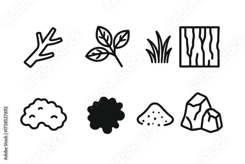Natural Camouflage Icons. Outline icon set of natural camouflage elements: tree branch, leaf cluster, grass tuft, bark texture, moss patch, shadow silhouette,