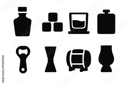 Whiskey Accessories Icons. Solid, filled icon set of whiskey accessories: decanter, whiskey stones, glass coaster, flask, bottle opener, jigger, whiskey