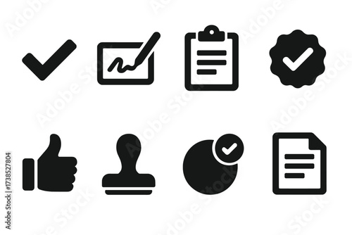Confirmation Icon Set. Solid, filled icon set of recipient confirmation: checkmark, signature pad, clipboard, verified badge, thumbs up, stamp, notification,