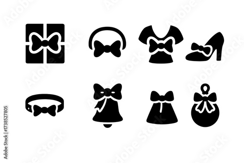 Solid Bow Icon Set. Solid, filled icon set of bow uses: gift wrapping, hair accessory, clothing embellishment, shoe decoration, pet collar, wedding decor,