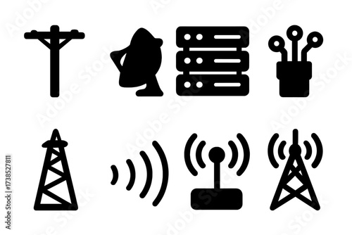 Communication Infrastructure Icons. Solid, filled icon set of communication infrastructure: telephone pole, satellite dish, server rack, fiber optic cable,