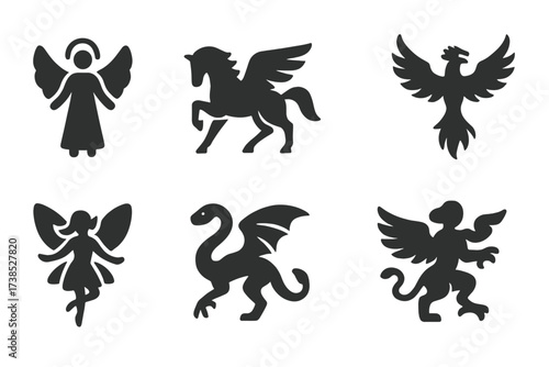 Mythical Creatures Icons. Solid, filled icon set of mythical flying beings: angel, pegasus, harpy, phoenix, fairy, winged serpent, griffin, air elemental.