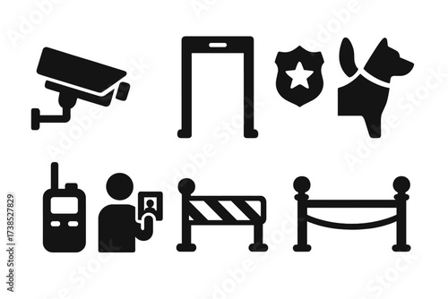 Red Carpet Security Icons. Solid, filled icon set of red carpet security: security camera, metal detector, security badge, guard dog, walkie-talkie, ID check,