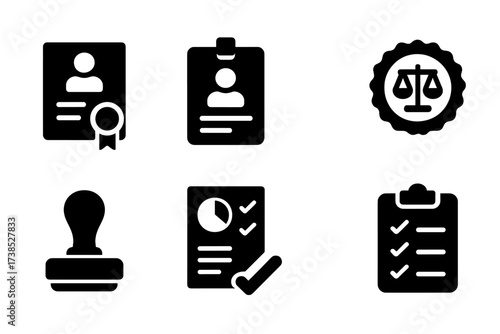 Broker License Icons. Solid, filled icon set of broker licenses: certificate, ID badge, legal document, seal, approval stamp, audit report, training,