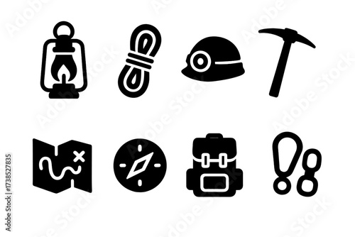 Cave Exploration Icons. Solid, filled icon set of cave exploration tools: lantern, rope, helmet, pickaxe, map, compass, backpack, climbing gear. [Line icons in