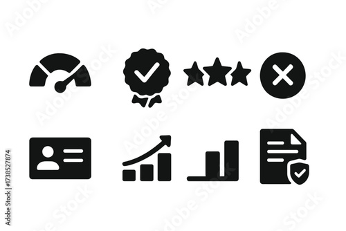 Credit Score Icons. Solid, filled icon set of credit score: credit meter, score badge, rating stars, approval stamp, decline mark, ID card, financial chart,
