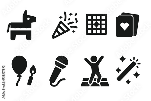 Celebration Icon Set. Solid, filled icon set of celebration games and entertainment: pinata, party popper, board game, card deck, balloon pop, karaoke mic,