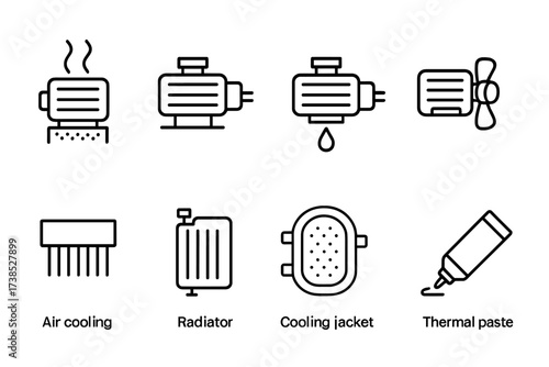 Motor Cooling Icons. Outline icon set of motor cooling methods: air cooling, water cooling, oil cooling, fan cooling, heat sink, radiator, cooling jacket,