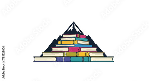 Stack of Colorful Books Forming a Mountain Peak, Illustrating Knowledge and Education Concept