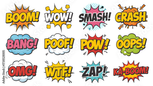 Comic book speech bubbles with dynamic expressions like boom wow smash crash bang poof pow oops omg wtf zap and kaboom for graphic design elements