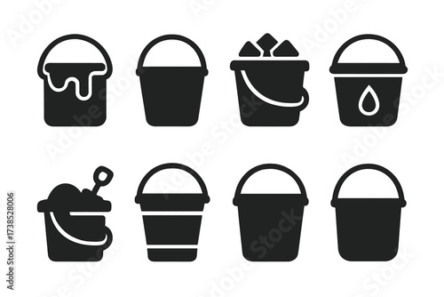 Bucket Icon Set. Solid, filled icon set of buckets types: paint bucket, water bucket, ice bucket, cleaning bucket, sand bucket, metal bucket, plastic bucket,