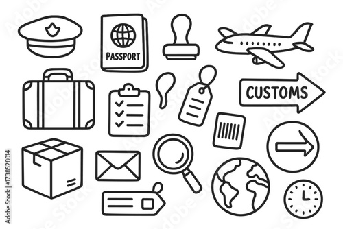 Customs Icons Doodle. Hand-drawn doodle illustration Customs inspections suitcase, passport, stamp, magnifying glass, airplane, clipboard, checklist, officer