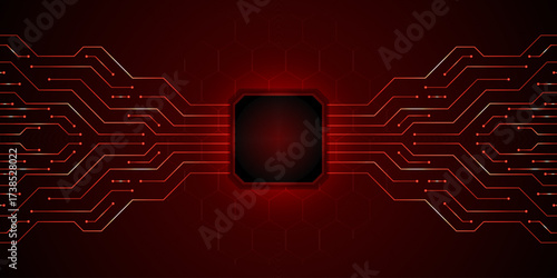 Cybernetic Core: A sleek, digitally crafted illustration of a central processing unit (CPU) against a striking red backdrop, showcasing the intricate circuits of modern technology. 