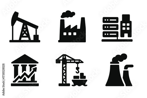 Industrial Icon Set. Solid, filled icon set of magnate industries: oil rig, factory, tech server, shipyard, stock exchange, construction crane, mining pickaxe,