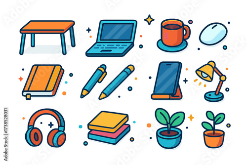 Colorful Desk Icons. Clean desk. Colorful isometric vector icons set of clean desk: minimal desk, laptop, coffee mug, wireless mouse, notebook, pen, phone