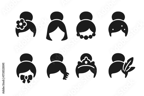 Bun Hairstyles Icons. Solid, filled icon set of bun hairstyles with accessories: bun with flower, bun with veil, bun with pearls, bun with beads, bun with