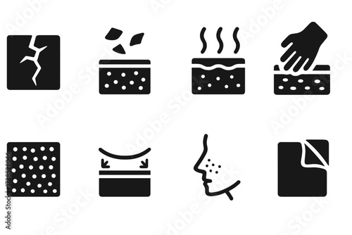 Dry Skin Icon Set. Solid, filled icon set of dry skin symptoms: cracked skin, flaking, redness, itching, rough texture, tightness, dullness, peeling. Line