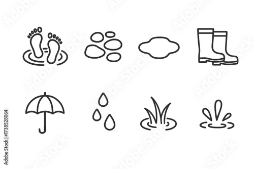 Wet Path Icons. Outline icon set of wet path: footprints in water, wet stones, puddle, rain boots, umbrella, water drops, wet grass, splash. [Line icons in