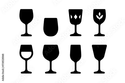 Wine Glass Icons. Solid, filled icon set of wine glass features: stemmed glass, stemless glass, crystal glass, etched glass, colored glass, oversized bowl,