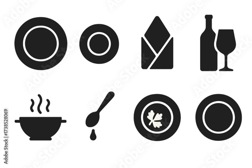 Formal Dining Icons. Solid, filled icon set of formal dining plating: entree plate, side dish, napkin fold, wine pairing, soup bowl, sauce drizzle, garnish