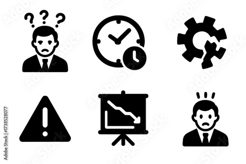 Poor Management Icons. Solid, filled icon set of poor management: confused manager, missed deadline, disorganized files, broken gear, warning sign, failed