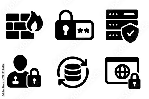 Digital Security Icons. Solid, filled icon set of digital policy elements: firewall, encryption, password, secure server, VPN, user access, data backup,