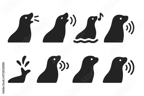 Seal Sound Icons. Solid, filled icon set of seal sounds and communication: bark, howl, whistle, splash, vocalization, underwater sound, call, echo. Solid,