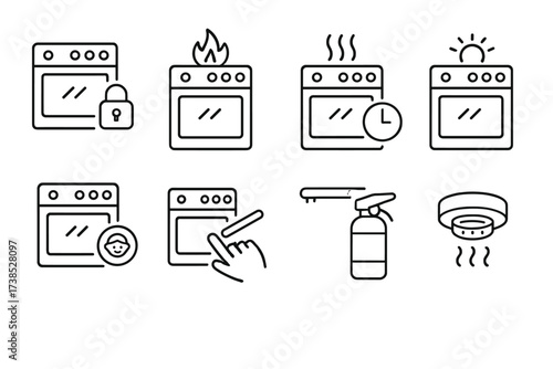 Oven Safety Icon Set. Outline icon set of oven safety features: door lock, heat indicator, auto shut-off, overheat sensor, child lock, cool-touch handle, fire