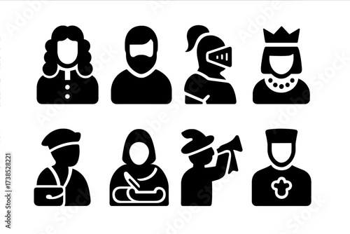 Court Officials Icons. Solid, filled icon set of court officials: judge, advisor, knight, queen, messenger, scribe, herald, chamberlain. Solid, filled icons in