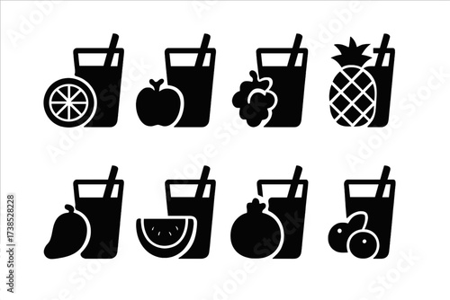 Fruit Juice Icons. Solid, filled icon set of fruit juices: orange juice, apple juice, grape juice, pineapple juice, mango juice, watermelon juice, pomegranate