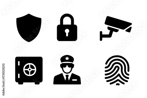 Oligarch Security Icons. Solid, filled icon set of oligarch legal and security: shield, lock, gavel, surveillance camera, safe, security guard, contract,