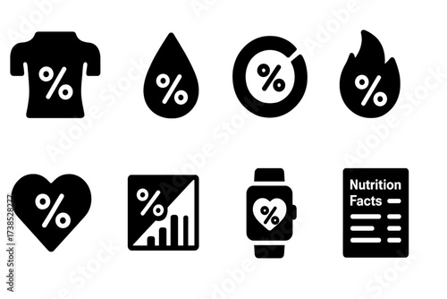 Health Metrics Icons. Solid, filled icon set of health and fitness percentages: body fat %, hydration level, workout progress, calorie burn %, heart rate %,
