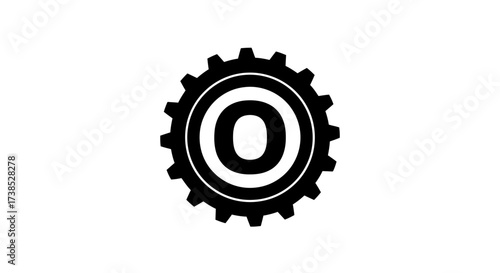 Monochromatic illustration featuring the letter 'O' encased within a stylized gear mechanism