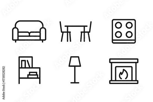 Home Interior Icons. Outline icon set of home interiors: sofa, dining table, bed, kitchen stove, bookshelf, lamp, rug, fireplace. Line icons in only black