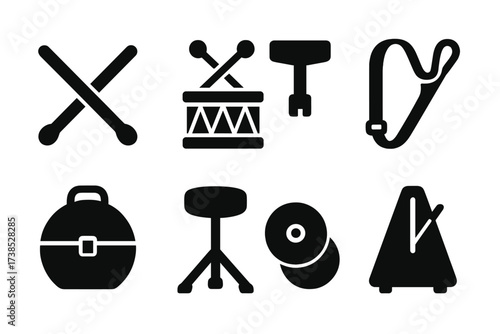 War Drum Icons. Solid, filled icon set of war drum percussion gear: sticks, mallets, tuning key, drum strap, drum case, drum throne, cymbals, metronome. Solid,