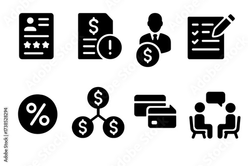 Debt Liability Icons. Solid, filled icon set of debt liability: credit report, overdue bill, collection agency, payment plan, interest rate, debt