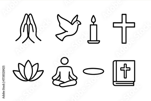 Spiritual Icon Set. Outline icon set of spiritual guidance: prayer hands, dove, candle, cross, lotus flower, meditation pose, halo, sacred text. Line icons in
