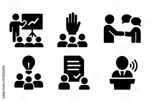 Boardroom Activities Icons. Solid, filled icon set of boardroom activities: presentation, voting hand, handshake, discussion, brainstorming, agenda, minutes,