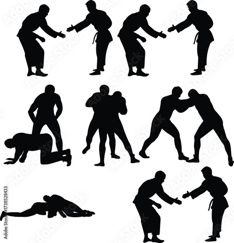Athlete wrestler in wrestling, duel, fight. A pack of silhouettes Greco Roman, freestyle, classical wrestling.