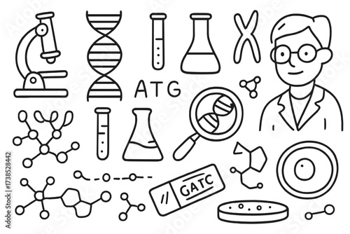 DNA Research Doodles. Hand-drawn doodle illustration DNA research and analysis microscope, DNA double helix, gene icon, nucleotide bases, test tube, lab flask,