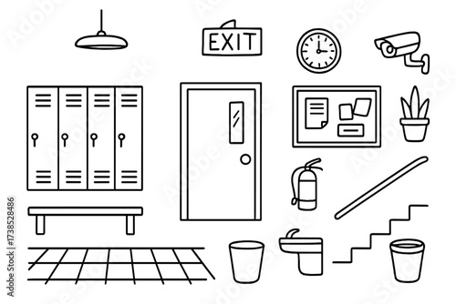 School Corridor Doodle. Hand-drawn doodle illustration school corridor lockers, door, bench, light fixture, exit sign, fire extinguisher, bulletin board,