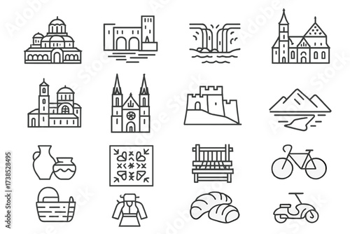 Balkan Icon Collection. Outline icon set of Bulgarian landmarks: Alexander Nevsky Cathedral, Rila Monastery, Plovdiv Roman theatre, Nessebar old