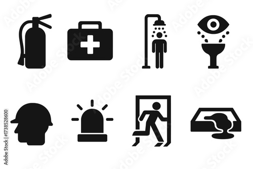 Acid Safety Icons Grid. Solid, filled icon set of acid emergency response: fire extinguisher, first aid kit, emergency shower, eye wash, safety helmet, alert