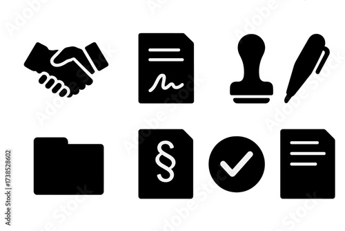 Contract Symbols Grid. Solid, filled icon set of contracts and agreements: handshake, signed paper, seal stamp, pen, document folder, contract